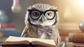 Cute owl teacher with pile of books. Back to school concept. Royalty Free Stock Photo