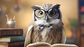 Cute owl teacher with pile of books. Back to school concept. Royalty Free Stock Photo