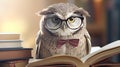 Cute owl teacher with pile of books. Back to school concept. Royalty Free Stock Photo