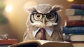 Cute owl teacher with pile of books. Back to school concept. Royalty Free Stock Photo