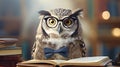 Cute owl teacher with pile of books. Back to school concept. Royalty Free Stock Photo