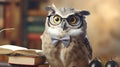 Cute owl teacher with pile of books. Back to school concept. Royalty Free Stock Photo