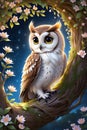 A cute owl in a tree hole with big eyes and flowers, blossoms, night, starlights, fantasy art, animal design Royalty Free Stock Photo