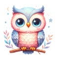 Cute owl on the tree isolated on transparent background. AI