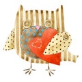 Cute owl. Watercolor bird owl. Valentines day card. Cartoon bird. Love card. Royalty Free Stock Photo