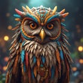 a cute owl wearing aztec custome