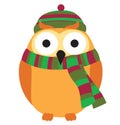 Cute owl wearing a knitted warm hat, and a scarf.