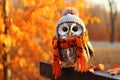 Cute owl wearing an orange scarf and sitting on the brunch on fall forest. Wild bird on blurred background. Royalty Free Stock Photo