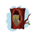 Cute owlet sitting in hollow of tree, hollowed out old tree and owl inside vector Illustration on a white background