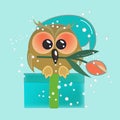 Cute owlet with a tulip in its beak. Cartoon character sitting on a gift box. This is a positive wise bird.