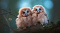 Cute Owlets On Branch: Soft-focus Artwork In Bengal School Style