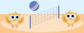 Two cute owlets have fun playing volleyball on the beach Royalty Free Stock Photo