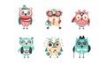 Cute Owlets Set, Amusing Colorful Owl Birds Cartoon Vector Illustration