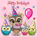 Cute Owls with balloon and bonnets