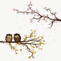 Cute owls on branch in spring