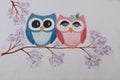 Cute owls couple - painted illustration