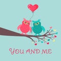 Cute owls in love are sitting on the branch. A balloon in the form of a heart is between them. You and me text