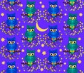 Cute owls at night on the tree. Seamless pattern. Royalty Free Stock Photo