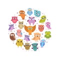 Cute owls round banner. Cartoon funny forest birds set Royalty Free Stock Photo