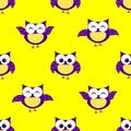 Cute owls seamless children`s pattern, yellow background