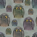 Cute owls seamless textural pattern Watercolor owl birds illustration Illustrated kids background Animal funny allover print