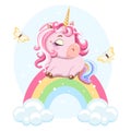 Cute painted pink baby unicorn dreaming on a rainbow in the clouds with butterflies. Royalty Free Stock Photo