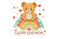 cartoon cute painted teddy bear sits on rainbow with hearts and stars and says i love you mom Royalty Free Stock Photo