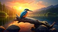 cute painting inspired kingfisher artwork at a lake, sunset scenery Royalty Free Stock Photo