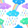 Watercolor seamless pattern with smiling colorful clouds, rain and rainbow.
