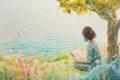 Cute painting watercolor of woman reading book in nature