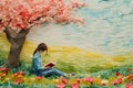 Cute painting watercolor of woman reading book in nature