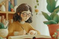 Cute painting watercolor of woman write a book