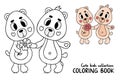 Cute pair enamored bears. Vector illustration. Outline and color drawingfor kids collection animals coloring page