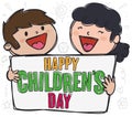 Couple of Kids Holding a Sign and Celebrating Children`s Day, Vector Illustration