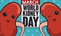 Cute Pair of Kidneys with Reminder for World Kidney Day, Vector Illustration