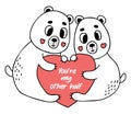 Cute pair of love teddy bears with big heart. Valentines card. Youre my other half. Vector illustration in doodle style
