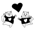 Cute pair Loving cats with big heart. Vector illustration in doodle style. For design, decor, print, Valentines card.