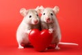 Cute pair of white mice holding large red heart in front of pink studio background