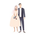 Cute pair of young fashionable bride and groom dressed in fancy clothing. Adorable married couple or newlyweds isolated