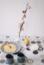 Stack of delicious homemade pancakes on plate with honey, sour cream and tea. Breakfast. Rustic style, close up top view. Flat lay Royalty Free Stock Photo
