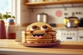 Cute pancake sweet smile at kitchen, 3D render style. AI Generated