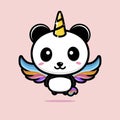 Cute panda animal cartoon character becomes a flying unicorn with colorful wings