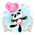 Cute Panda ballerina with a balloon in the shape of a heart. I love you. Valentine. Vector. Watercolor Royalty Free Stock Photo