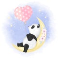 Cute panda with balloon on the crescent moon hand drawn cartoon illustration Royalty Free Stock Photo