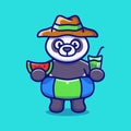 cute panda in beach hat with Swim rings carrying watermelon and drink