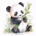 Cute panda bear with bamboo. Watercolor painting on white background. Square nursery wall art for kids room