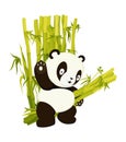 Cute panda bear carry bamboo stems flat vector isolated illustration