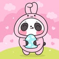 Cute Panda bear cartoon in Easter bunny costume holding easter egg: Kawaii animal zoo vector girly doodle. Illustration vector p