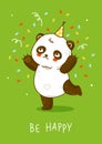 Cute panda bear with confetti on green background - cartoon character for happy Birrthday design