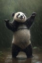 Cute panda bear dancing in the rain